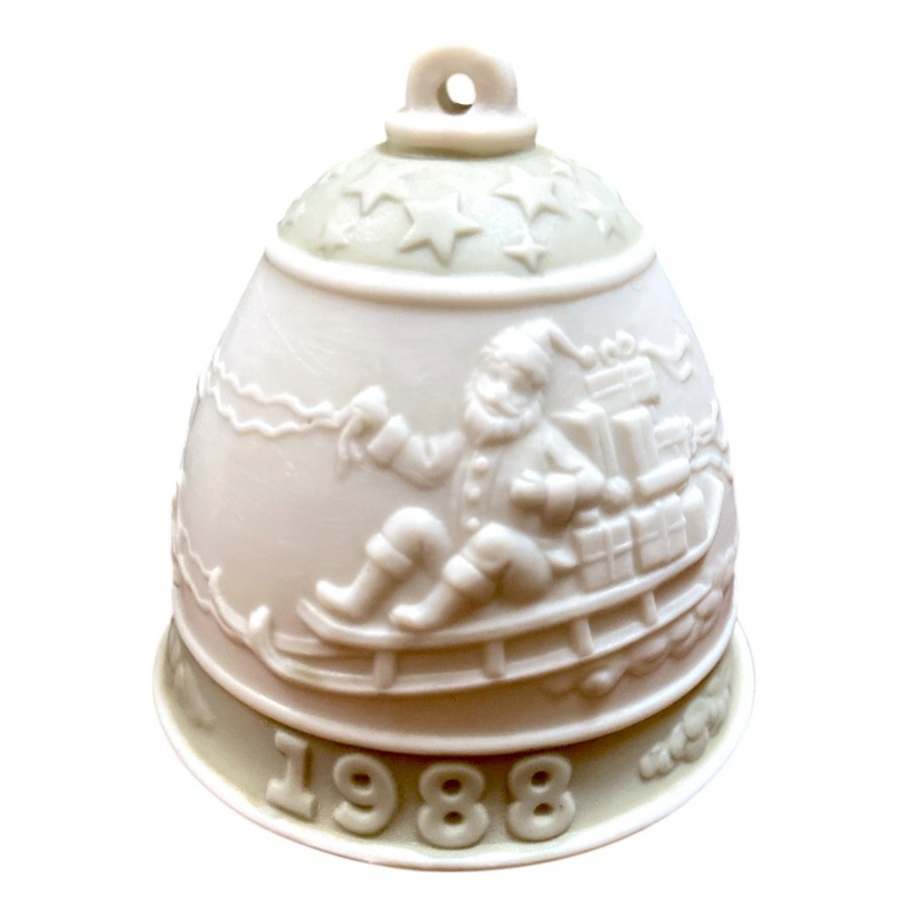 1988 Lladro Christmas‎ Bell #5525 Green White Etched Santa Sleigh Reindeer w/Box